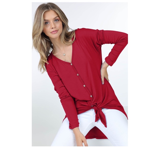 Bailey Button Down Tie Front Top Wine - Picture 5 of 6